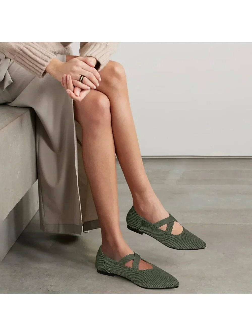 Women's Green Knit Mary Jane Flats Pointed Toe Comfortable Slip On Dressy Shoes